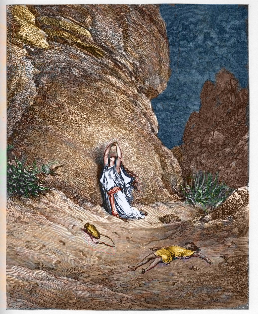 Hagar und ihr Sohn Ismael in der Wüste nach der Vertreibung durch Abraham - Gravur in „Die illustrierte Bibel“ von Gustave Doré (1832-1883) - Gravur von 1866 von Gustave Dore