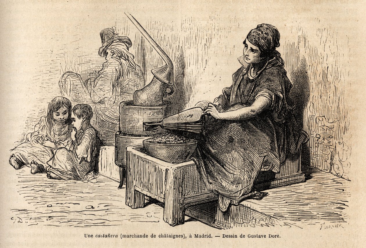 Eine Kastanienhändlerin im Freien, mit ihrem tragbaren Ofen, Skizze auf der Puerta del Sol in Madrid. Gravur von Gustave Doré (1832-1883) zur Illustration seiner Reise nach Spanien, mit Ch. Davillier (Herausgeber), 1862, veröffentlicht in „Le tour du monde von Gustave Dore