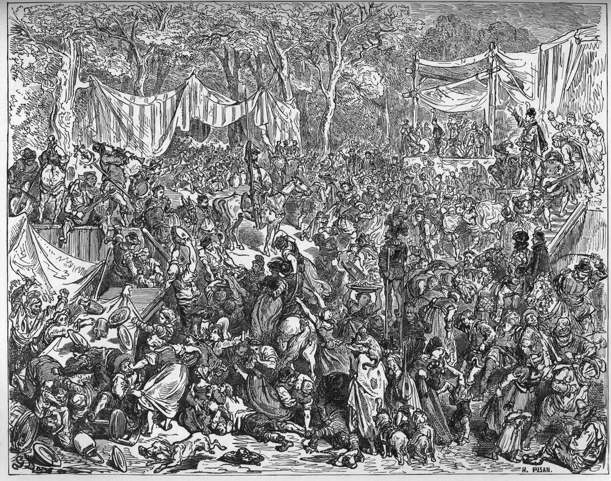 Ankunft von Don Quijote bei der Hochzeit von Camacho - aus „Don Quijote von der Mancha“ von Miguel Cervantes (1547-1616) - Holzschnitt nach einer Zeichnung von Gustave Doré von Gustave Dore