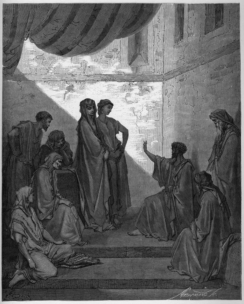 Taufe des Cornelius der Zenturio - Cornelius der Zenturio empfängt den Glauben an Jesus Christus und wird von St. Peter getauft. - Gravur in „Die illustrierte Bibel“ von Gustave Doré - Gravur aus „Die Doré-Bibel“ von Gustave Dore