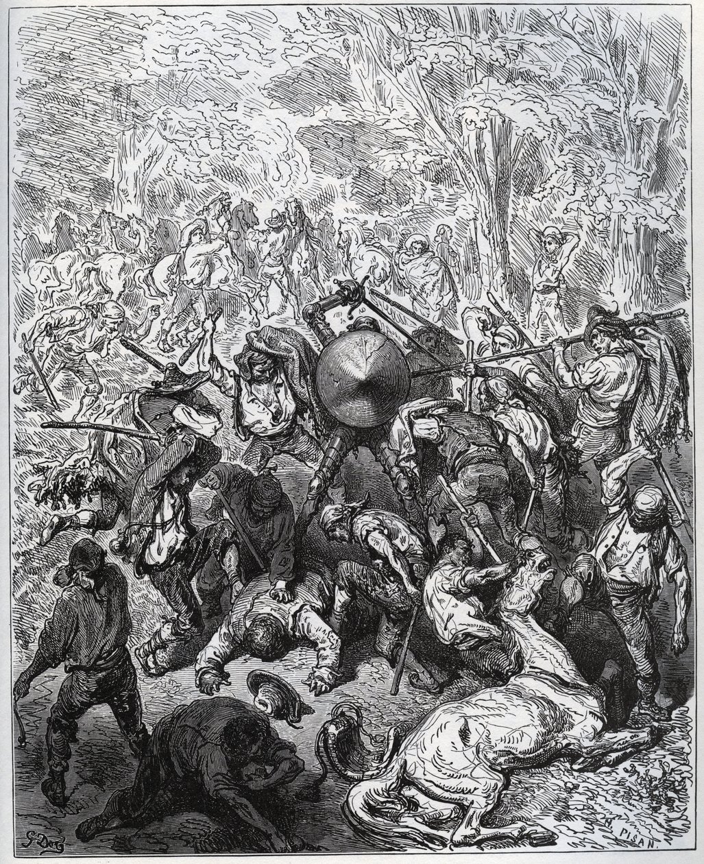 Kampf mit Maultiermachern - Die Yangois benutzten ihre Keulen - aus „Don Quijote von der Mancha“ von Miguel Cervantes (1547-1616) - Holzschnitt nach einer Zeichnung von Gustave Doré von Gustave Dore