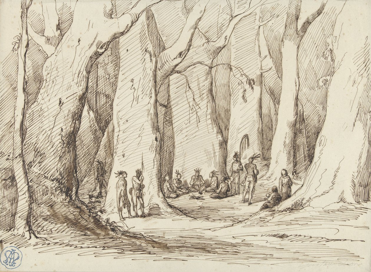 Versammlung von Ureinwohnern Amerikas in einem Wald von Gustave Dore