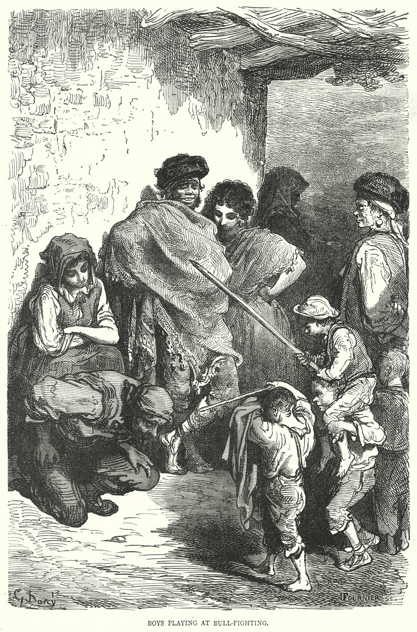 Jungen spielen Stierkampf (Gravur) von Gustave Dore