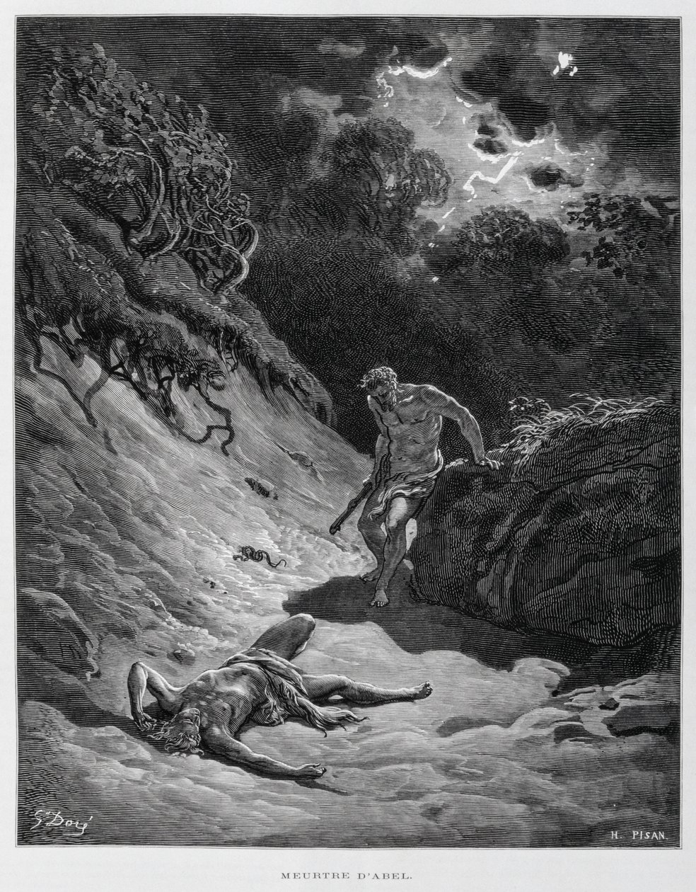 Kain tötet seinen Bruder Abel, Illustration aus der Dore-Bibel von Gustave Dore