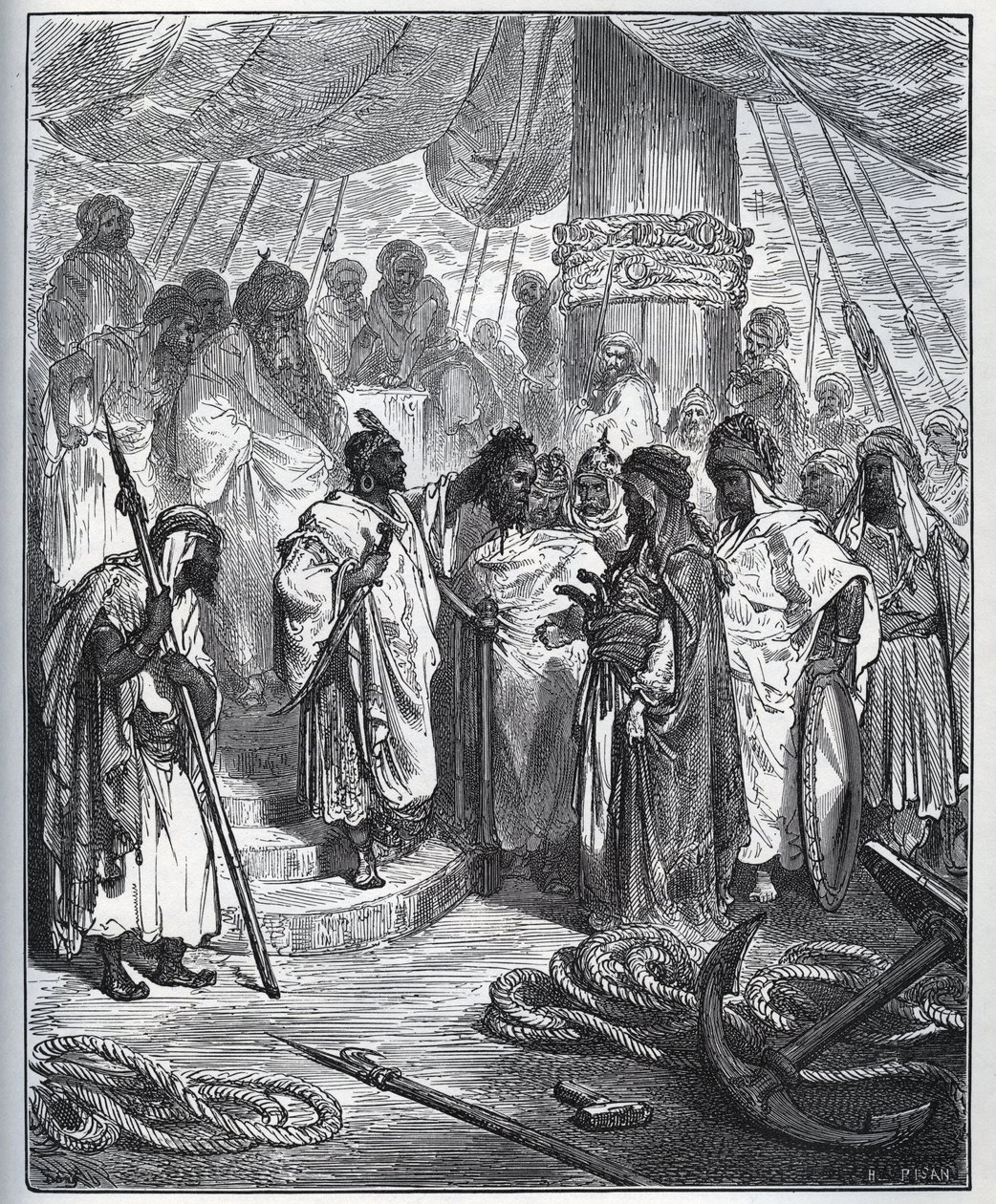 Gefangenen-Geschichte. Pagano Dorias Kopf wurde von den Arabern abgeschnitten - Die Araber schnitten seinen Kopf ab und brachten ihn zum General der türkischen Flotte - aus „Don Quijote von der Mancha“ von Miguel Cervantes (1547-1616) - Holzschnitt nach ei von Gustave Dore