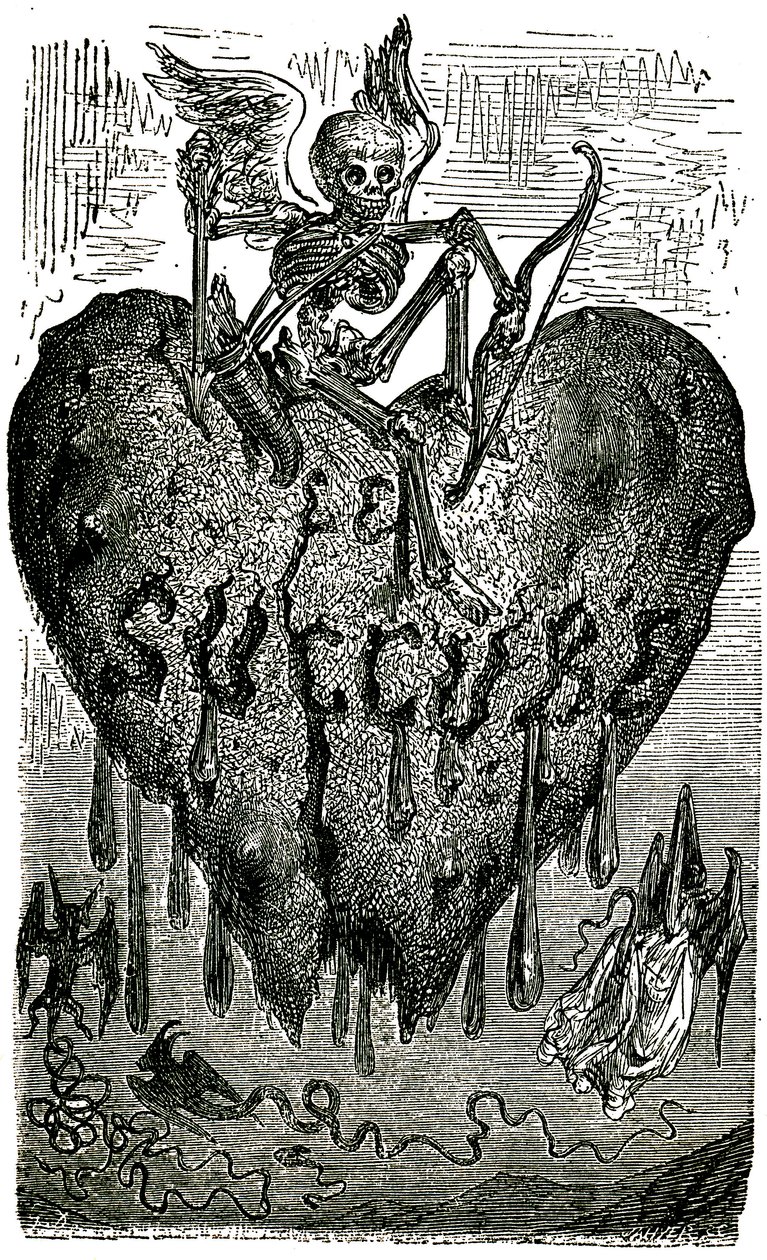 Kapitelkopf-Illustration von Gustave Doré für die Drolatischen Geschichten (1855) von Honoré de Balzac (1799-1850): der Succubus (Vampir) - Skelett, Tod, Herz, Blut von Gustave Dore
