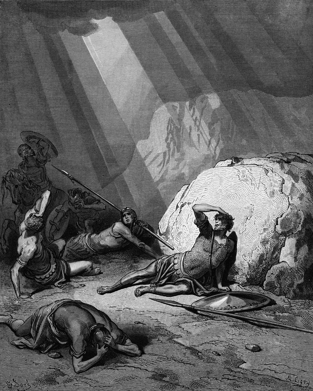 Bekehrung des heiligen Paulus auf dem Weg nach Damaskus (Apostelgeschichte 9, aus der Bibel von Gustave Doré, 1865-1866, Holzstich, die Kraft Gottes wird als Lichtstrahl dargestellt) von Gustave Dore