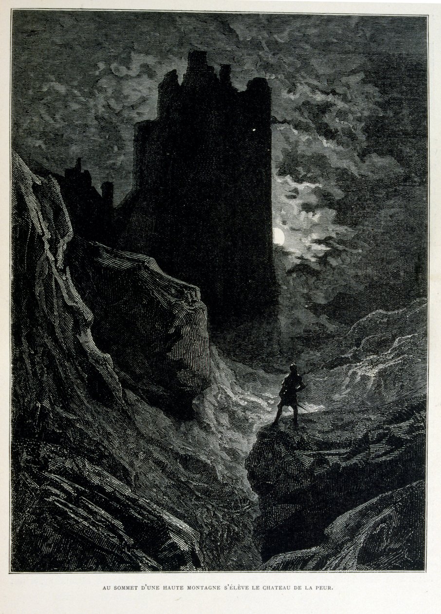 Croque-Mitaine; Illustration von 1863, von Gustave Doré (1832–1883); französischer Künstler, Druckgrafiker, Illustrator. Croque-Mitaine (Der Bögemann) ein bösartiger Charakter, der Kindern vorgestellt wird, um sie zu erschrecken und sie so weiser zu machen von Gustave Dore