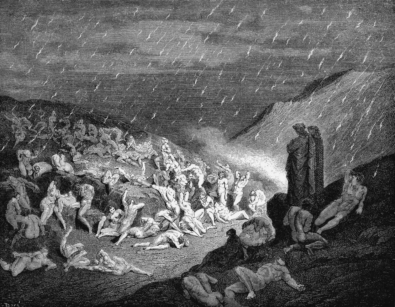 Dante Alighieri Inferno, erster Teil seiner Divina Commedia (Göttliche Komödie) 1863. Canto XIV: Drittes Fach des siebten Kreises, wo drei Arten von Gewalt bestraft werden: gegen Gott, gegen die Natur und gegen die Kunst. 