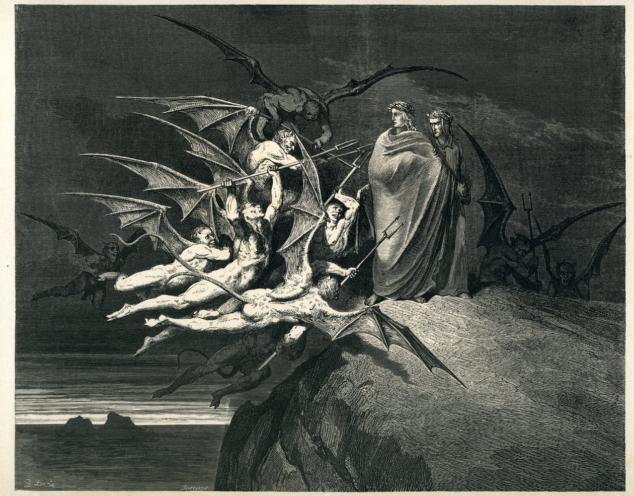 Dante und Virgil begegnen den Dämonen. Stich aus Die Hölle von Dante Alighieri (Die Göttliche Komödie) illustriert von Gustave Doré. Französische Ausgabe von 1861. „... Nessun di voi sia fello! (Keiner von euch sei rebellisch!)“, Gesang 21, V. 72. von Gustave Dore