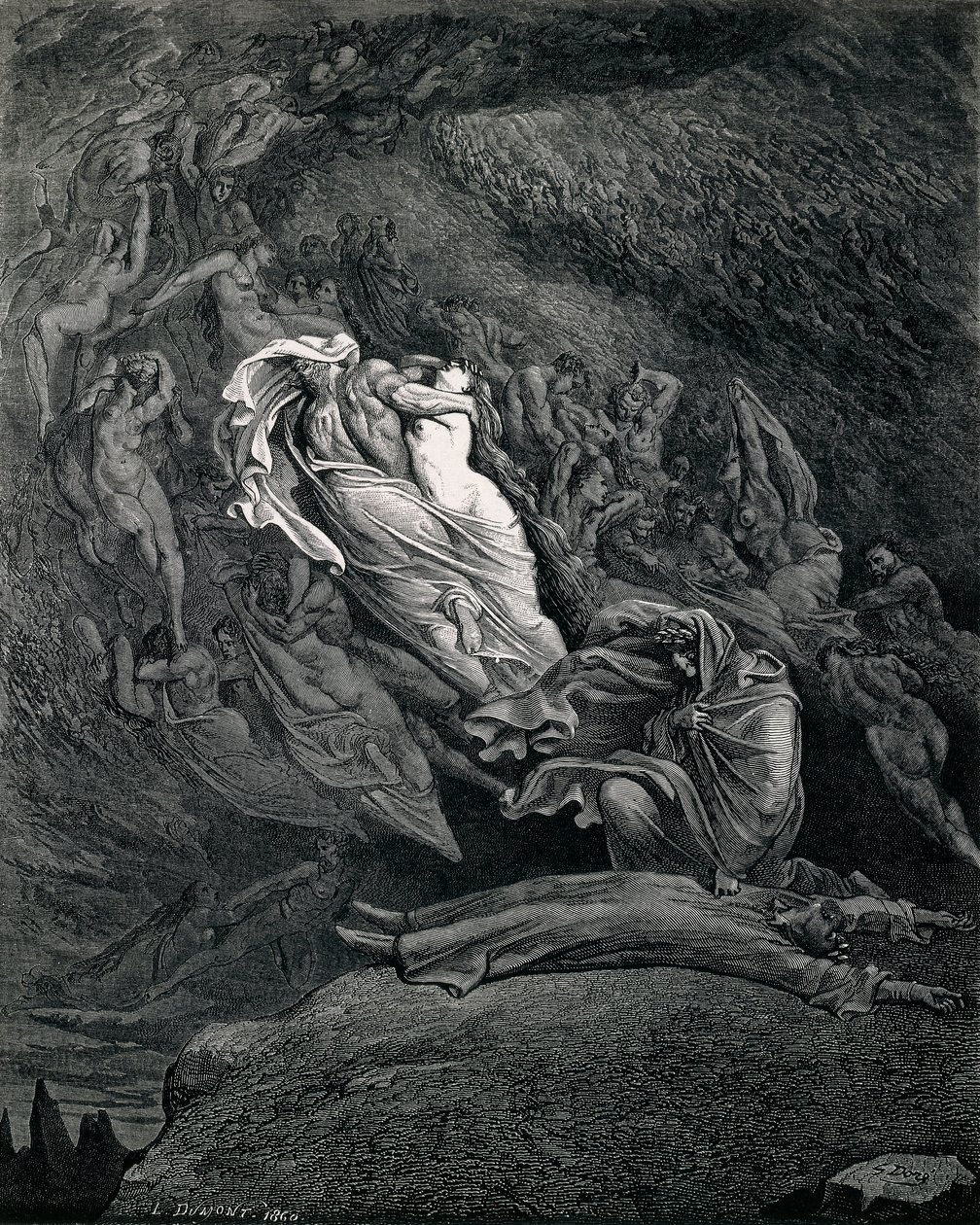 Dante und Virgil mit Paolo und Francesca, Illustration zu Inferno, Canto V der Göttlichen Komödie von Gustave Dore