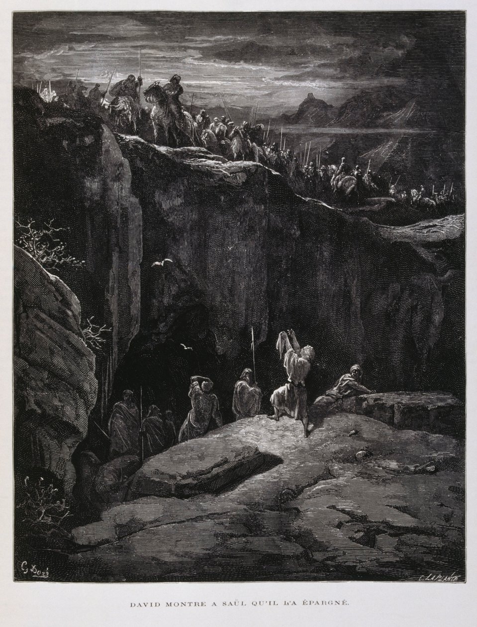 David bietet Saul, dem König von Israel, sein Schwert in Treue an, Illustration aus der Dore-Bibel von Gustave Dore