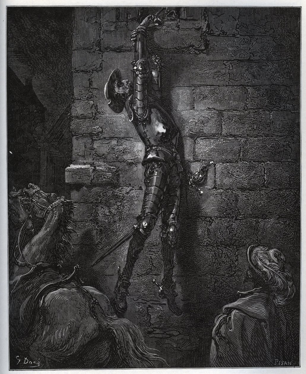 Don Quixote gefangen von der Tochter des Wirts und Maritornes, bleibt aus einem Fenster hängend - aus „Don Quixote de la Mancha“ von Miguel Cervantes (1547-1616) - Holzschnitt nach einer Zeichnung von Gustave Doré von Gustave Dore