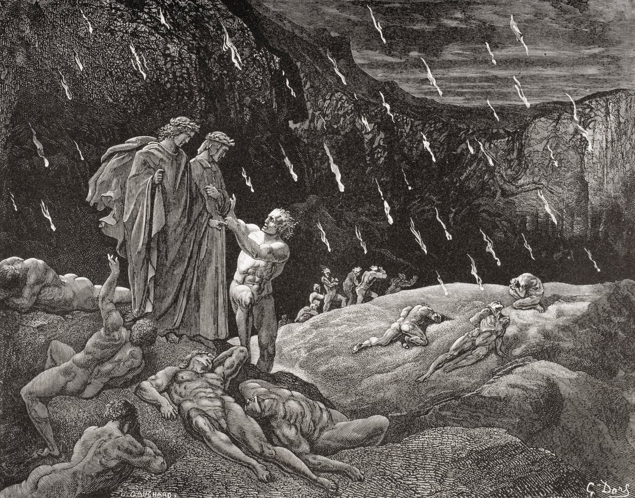 Stich von Gustave Doré (1832-1883), französischer Künstler und Illustrator für Inferno von Dante Alighieri, Canto XV, Zeilen 28 und 29 von Gustave Dore