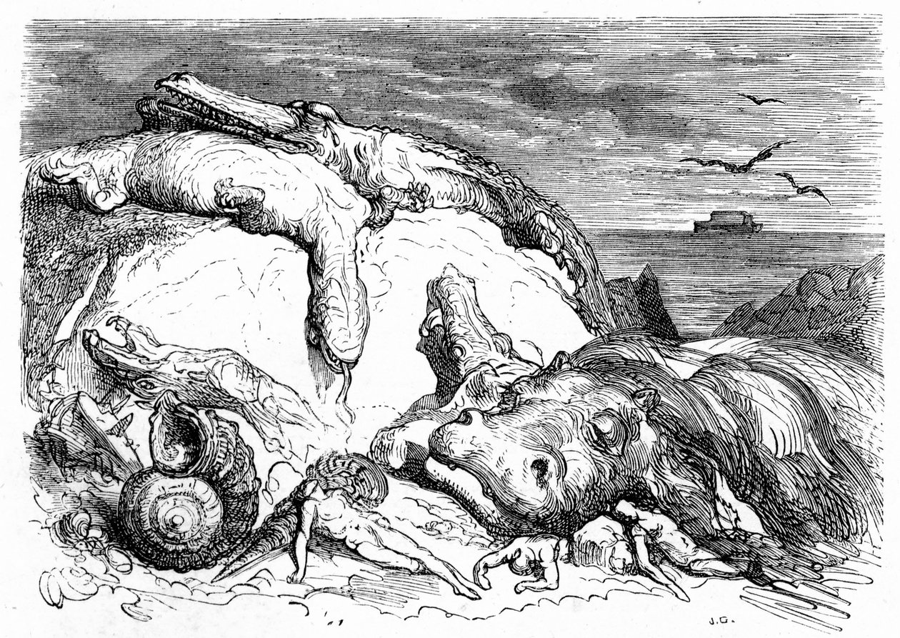 Stich von Gustave Doré um 1850: Evokation einer apokalyptischen Sintflut, die biblische Tradition (man sieht in der Ferne die Arche Noah auf dem Meer) und den Beginn wissenschaftlicher Erkenntnisse kombiniert (verschiedene monströse Tiere sind auf dem Berg von Gustave Dore