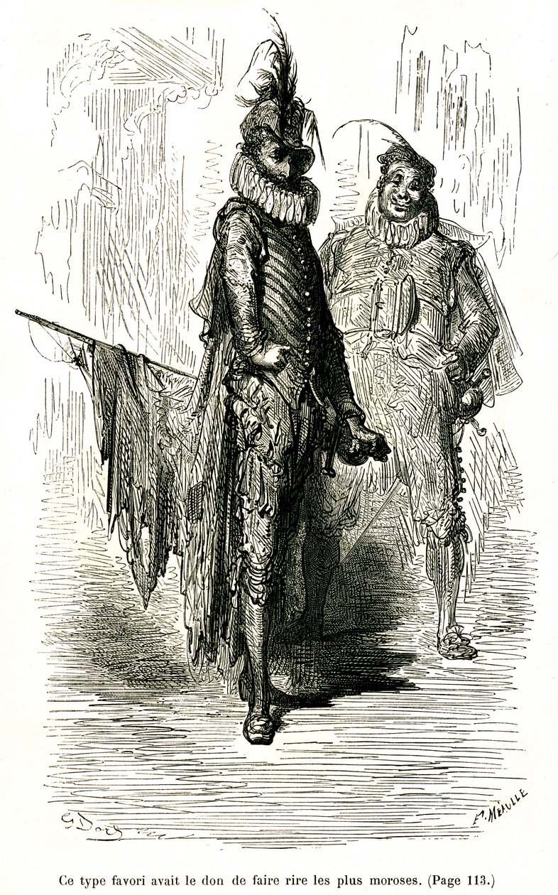Gravur von Gustave Doré, die Théophile Gautiers Roman „Der Kapitän Fracasse“ illustriert. Charpentier-Ausgabe 1863. Zwei Komödianten (Schauspieler der Commedia dell