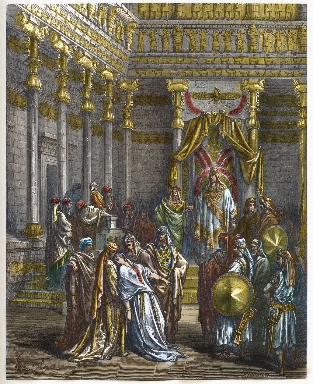 Esther fällt vor dem König von Persien Assuerus I. (Xerxes I.) in Ohnmacht - Königin Esther fällt vor König Ahasverus in Ohnmacht - Gravur in „The Bible illustree“ von Gustave Doré (1832-1883) - Gravur aus „The Doré Bible“ von Gustave Dore