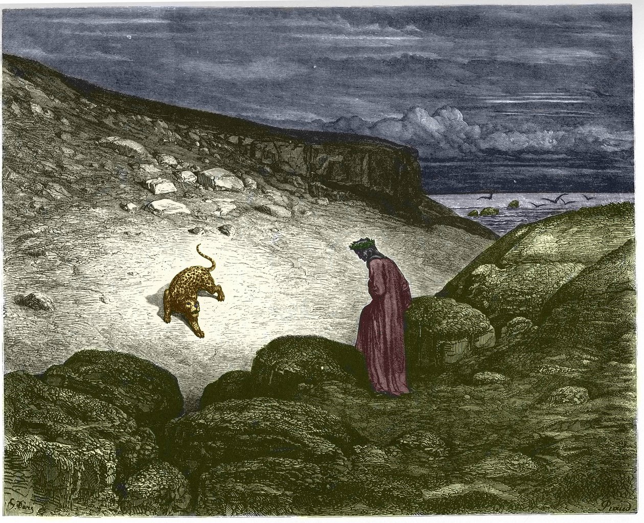 Erster Gesang der Hölle, ein Panther versperrt Dantes Weg. Illustration von Gustave Doré von Gustave Dore