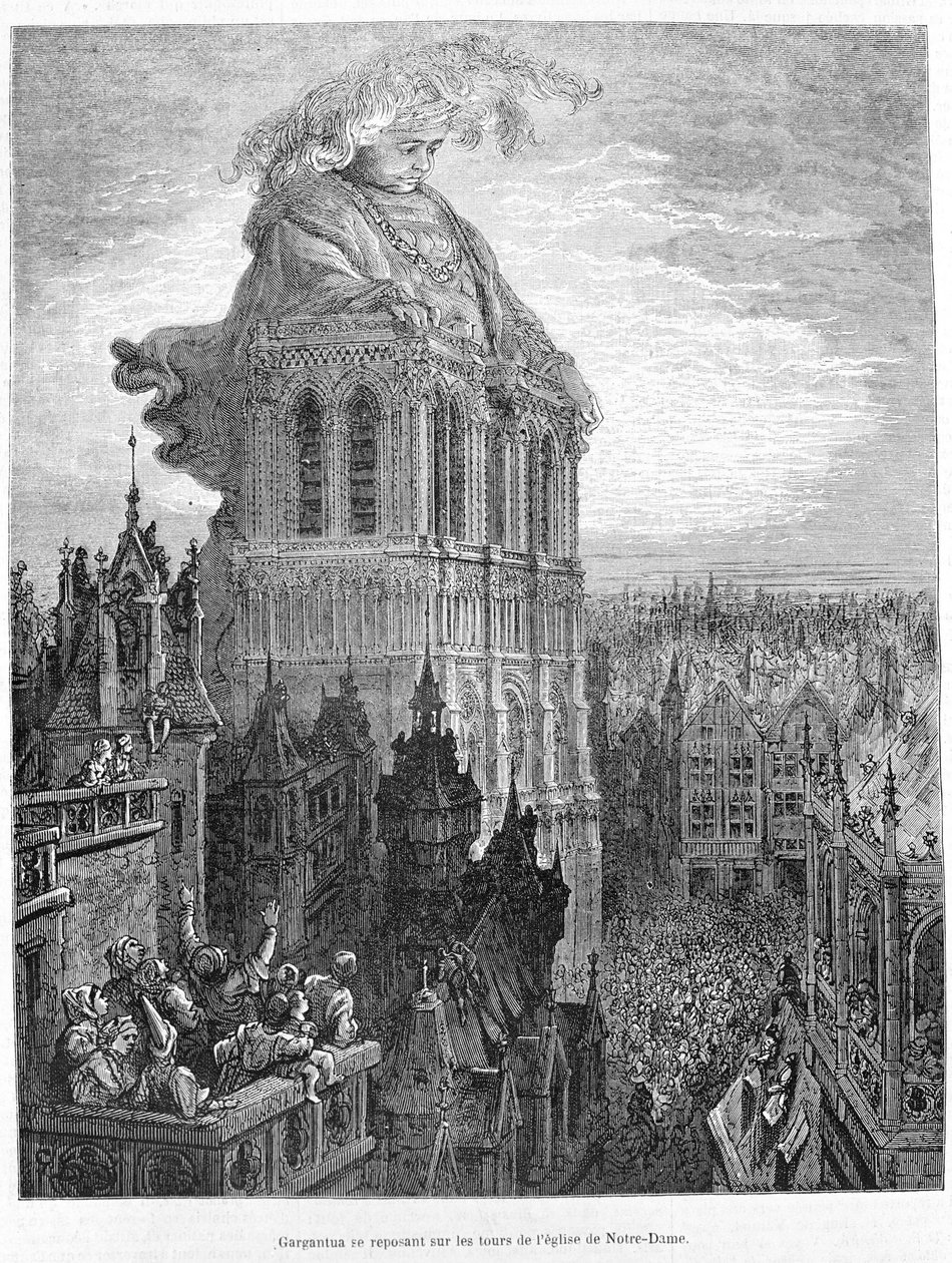 Gargantua ruht auf den Türmen der Kirche Unserer Lieben Frau. Gravur nach dem Werk Gargantua von François Rabelais (1483 - 1553) von Gustave Dore
