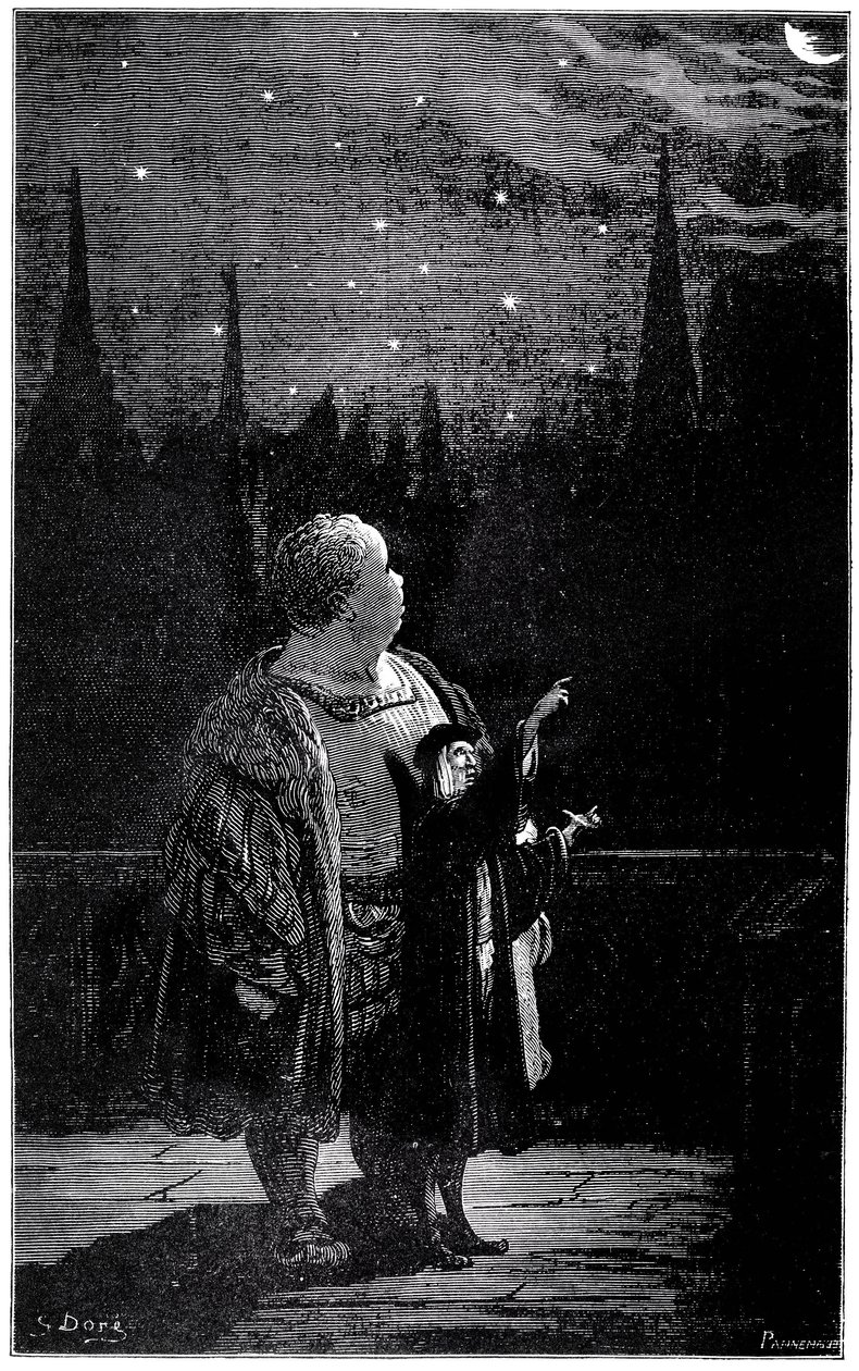 Gargantuas Erziehung: In der Nacht beobachtet der junge Riese mit einem Astronomen Sterne und Kometen am Nachthimmel. Illustration von Gustave Doré zum Werk von Rabelais. von Gustave Dore