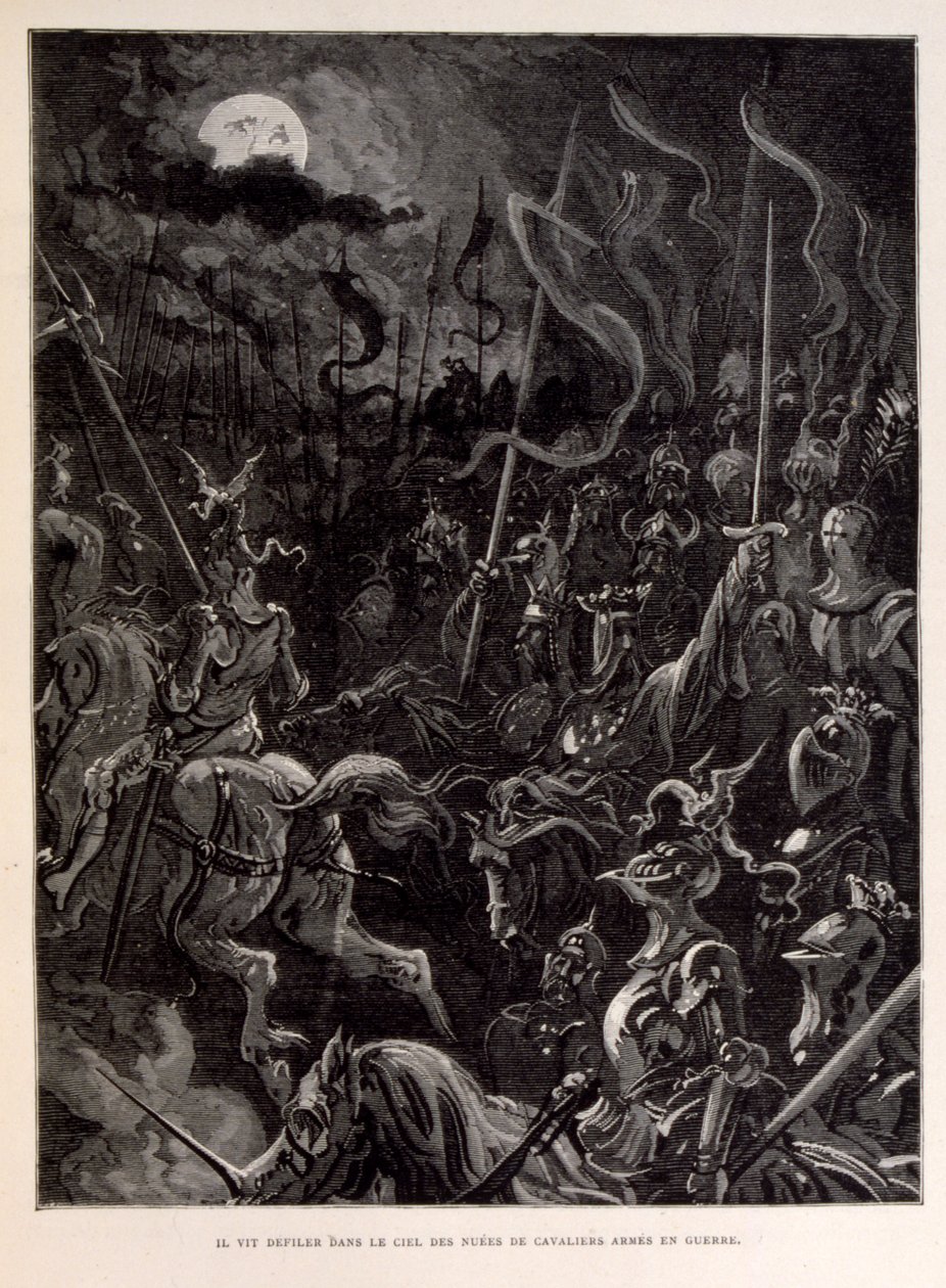 Illustration von Rittern im Kampf während eines mondbeschienenen Abends von Gustave Dore