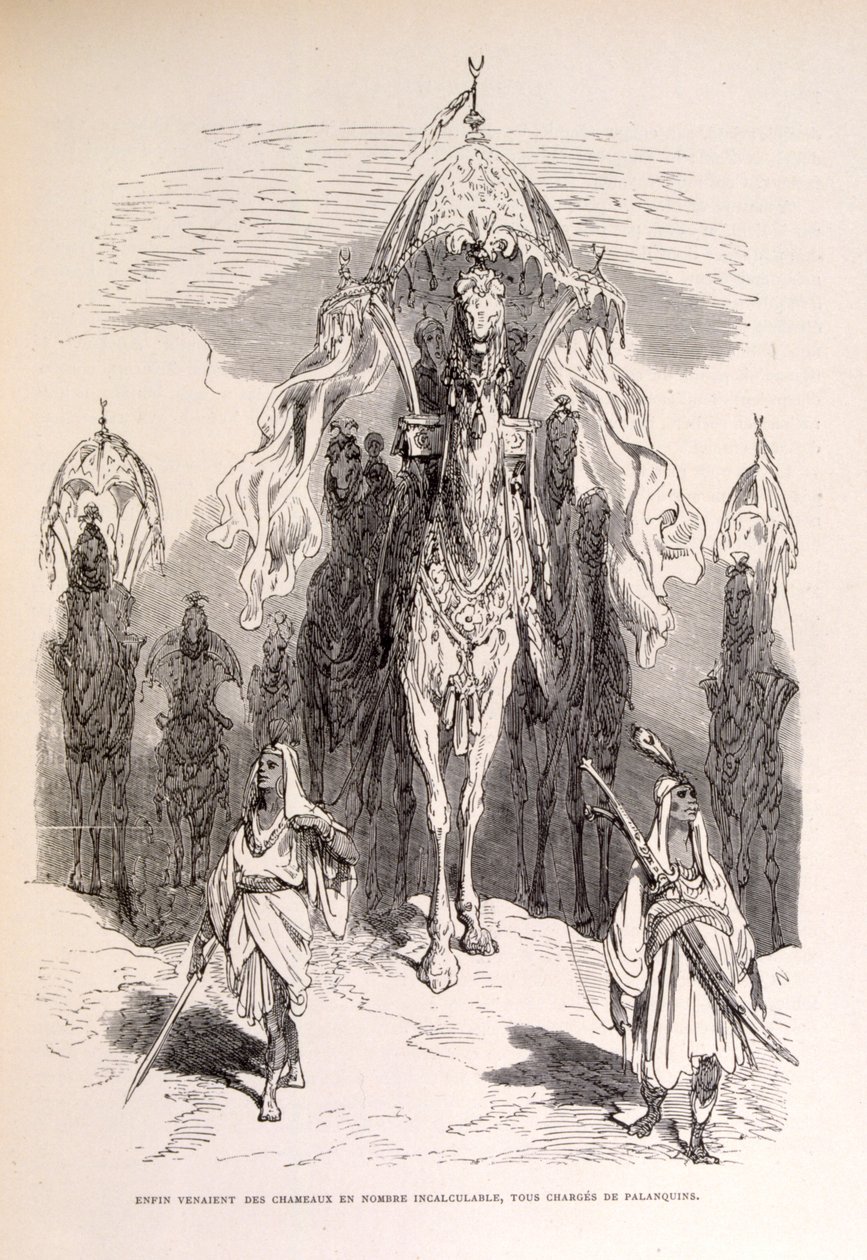 Illustration einer orientalischen Karawane mit Dienern und Kutsche von Gustave Dore