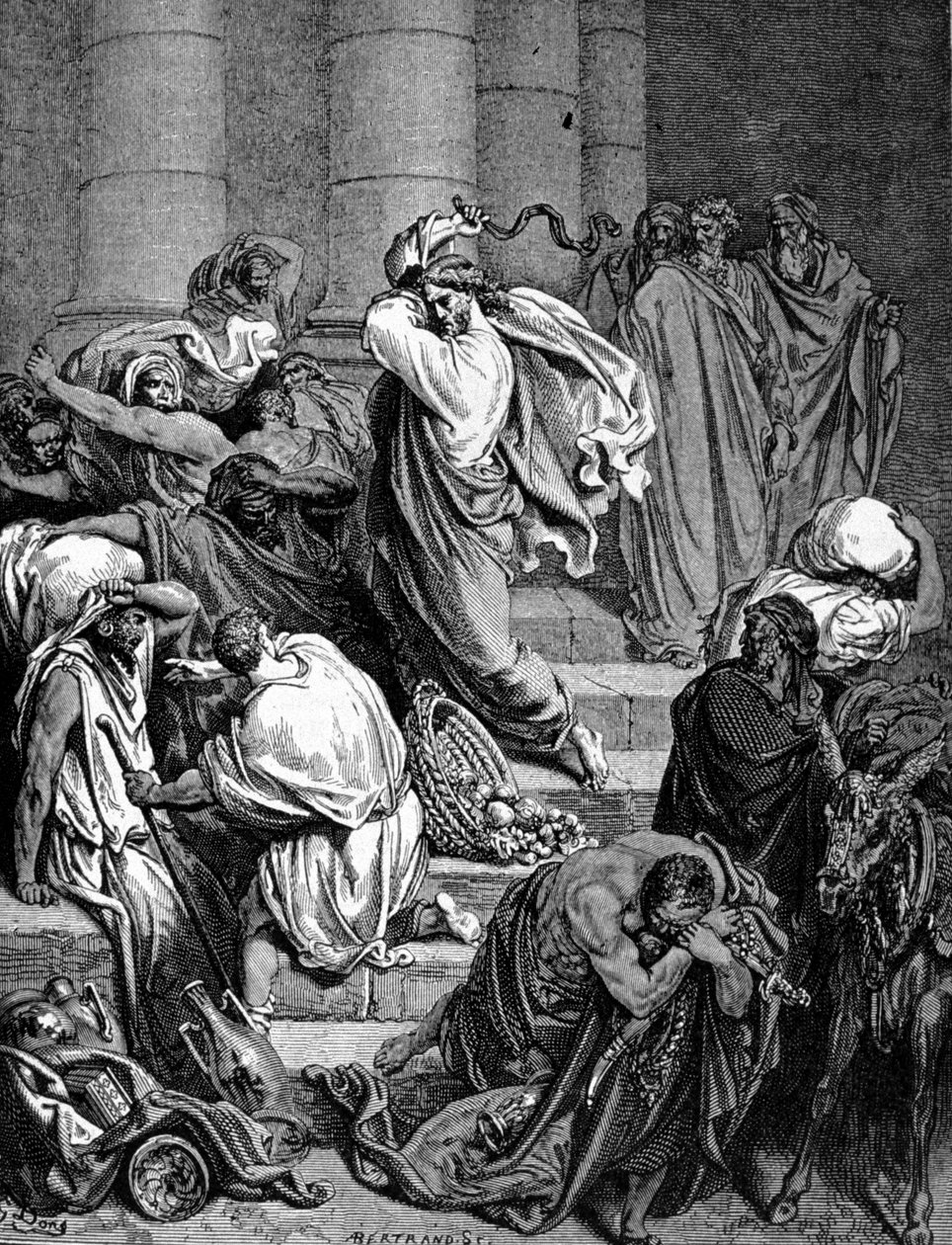Jesus Christus vertreibt die Händler aus dem Tempel. Illustration von Gustave Doré von Gustave Dore