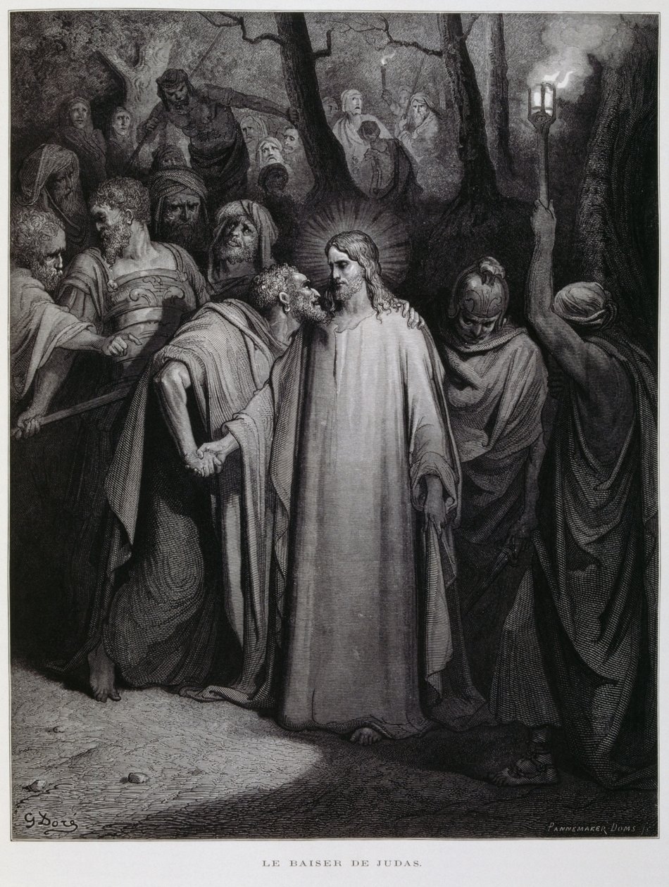 Judas verrät Jesus mit einem Kuss; Illustration aus der Dore-Bibel von Gustave Dore