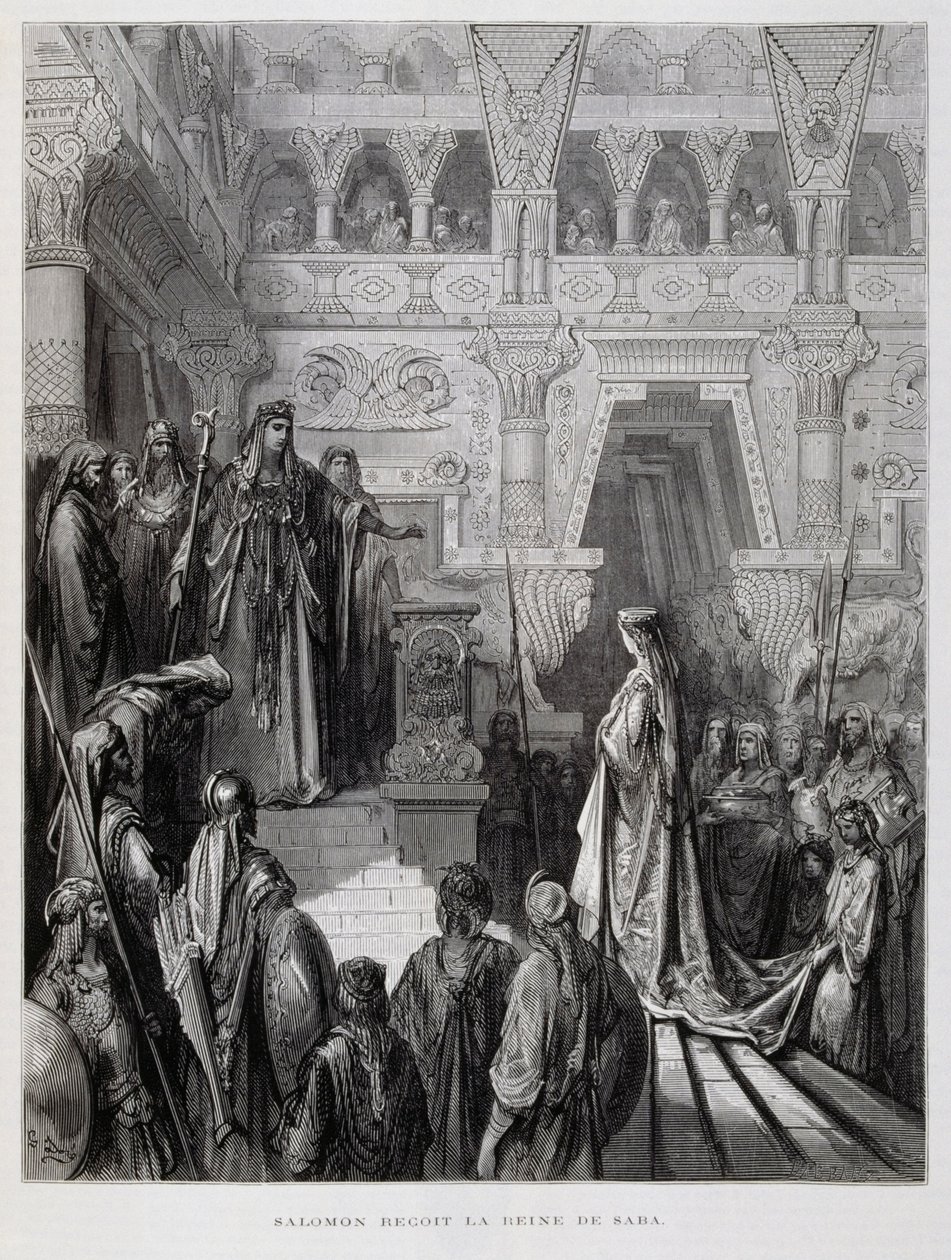 König Salomo empfängt die Königin von Saba, Illustration aus der Dore-Bibel von Gustave Dore