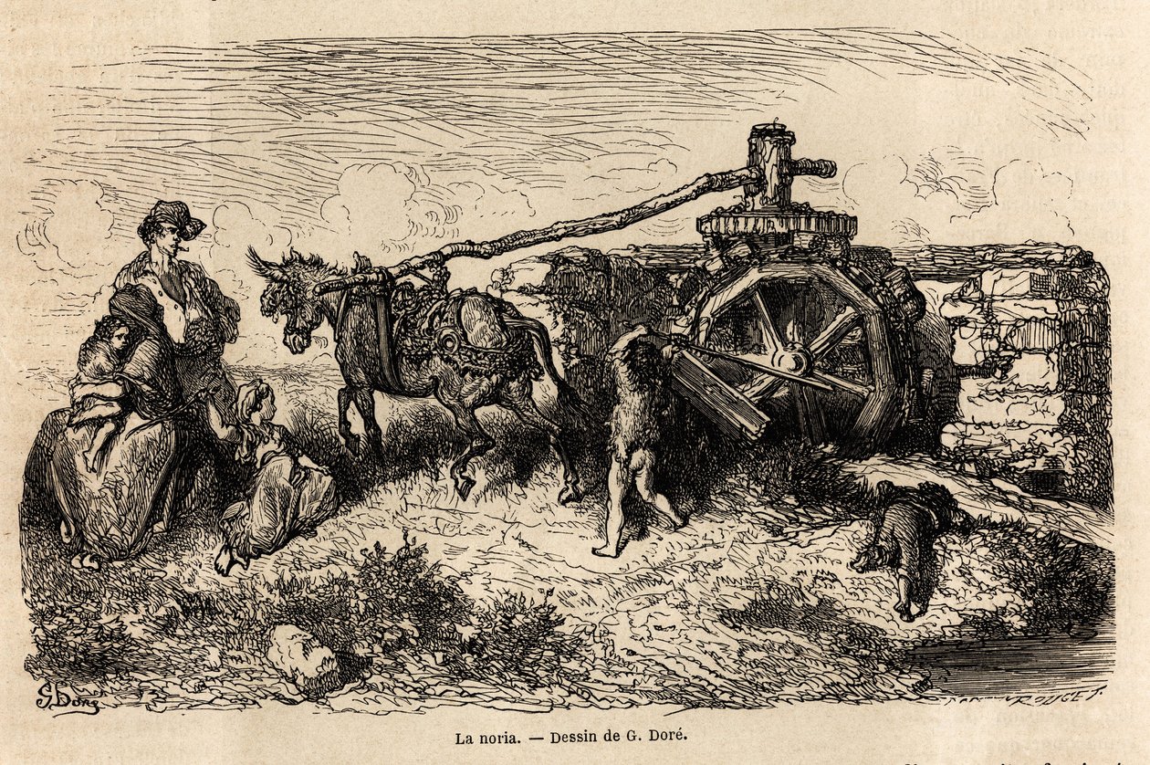 La noria, hydraulische Maschine zur Erhöhung des Wasserspiegels mit Energie aus der Strömung. Zeichnung von Gustave Doré zur Illustration seiner Reise nach Spanien mit C. Davillier, 1862. Gravur in „Le tour du monde“, herausgegeben von Edouard Charton von Gustave Dore