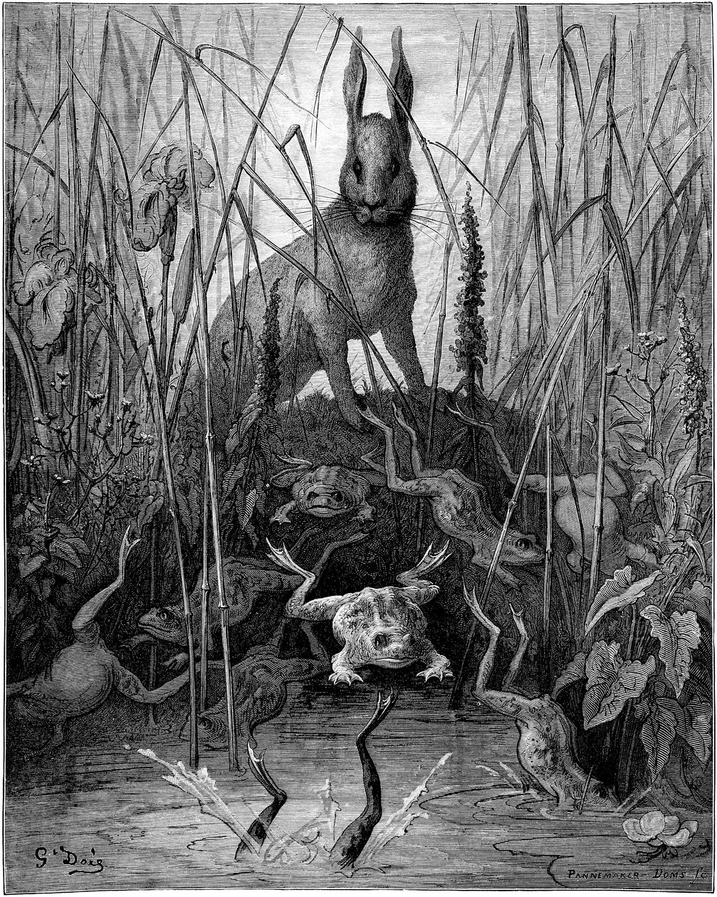 Der Hase und die Frösche: Fabel von Jean de La Fontaine, illustriert von Gustave Doré - Der Hase und die Frösche von Gustave Dore