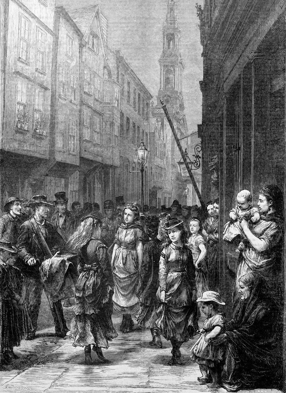 Mädchen aus der Unterschicht tanzen für Handel, Drury Lane, City of Westminster, London, ca. 1852-1883 von Gustave Dore
