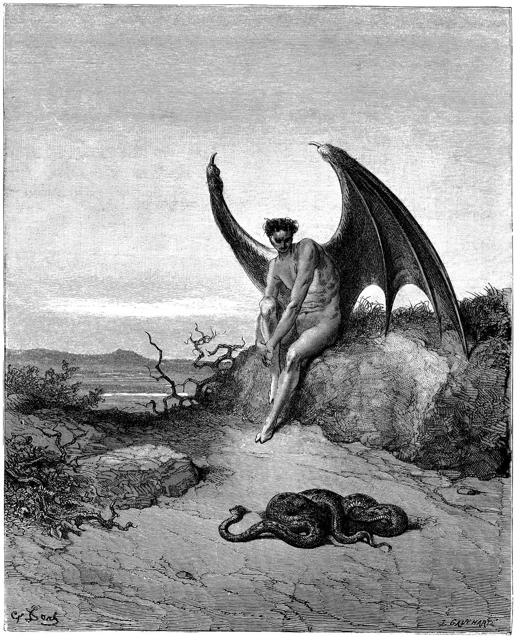 Luzifer (Satan, gefallener Engel, fiel vom Himmel auf die Erde) trifft die Schlange. Illustration von Gustave Doré für „Das verlorene Paradies“ von John Milton (1608-1674). Gravur von 1866. Private Sammlung von Gustave Dore