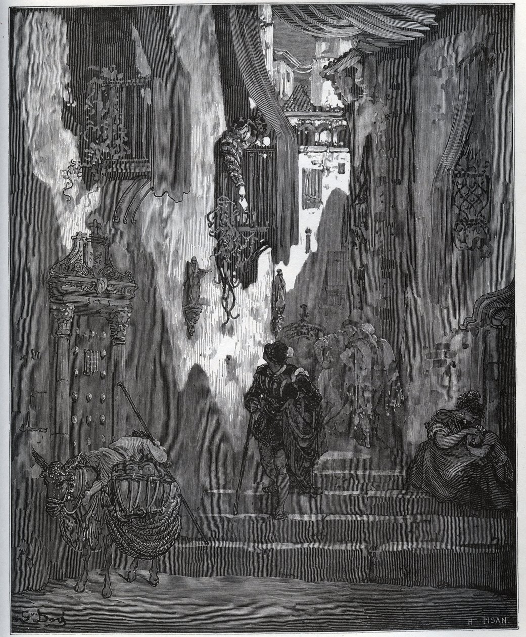 Luscinde sendet eine Nachricht an Cardenio - aus „Don Quijote de la Mancha“ von Miguel Cervantes (1547-1616) (Don Quijote) - Holzschnitt nach einer Zeichnung von Gustave Dore. von Gustave Dore