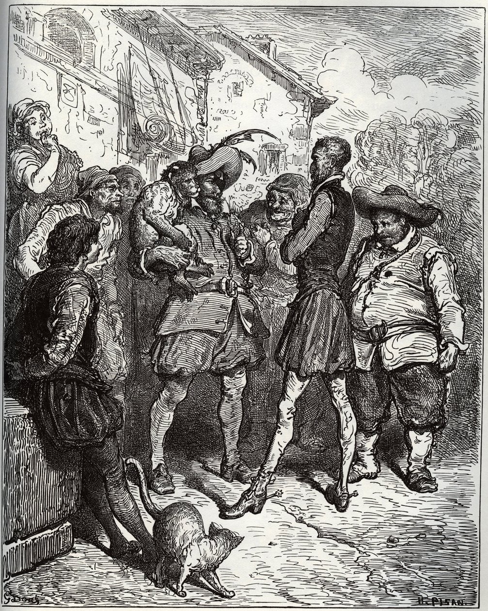 Maese Pedro und der wahrsagende Affe - aus „Don Quijote de la Mancha“ von Miguel Cervantes (1547-1616) (Don Quijote) - Holzschnitt nach einer Zeichnung von Gustave Doré von Gustave Dore