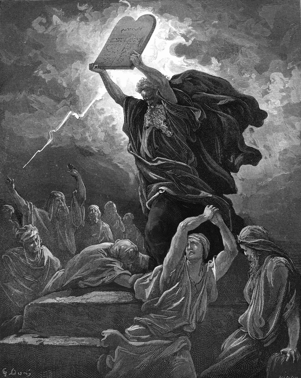 Moses zerbricht die Gesetzestafeln, Gravur - Bibel von Gustave Dore