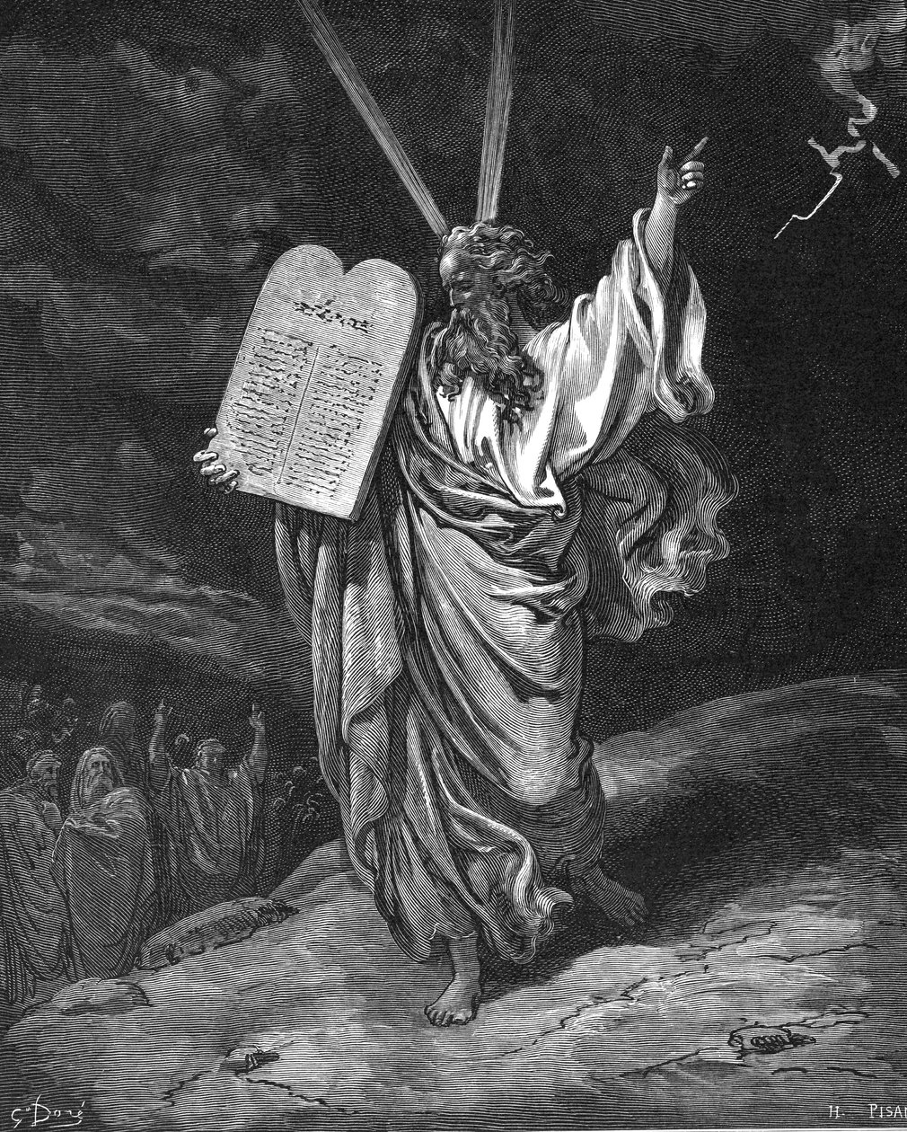 Moses steigt mit den Gesetzestafeln vom Berg Sinai herab von Gustave Dore