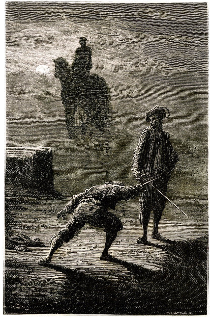 Nachtduell im Mondlicht zwischen Baron de Sigognac und Jacquemin Lampourde, unter der Reiterstatue des Königs aus Bronze. Stich von Gustave Doré, der Théophile Gautiers Roman „Der Kapitän Fracasse“ illustriert, Charpentier-Ausgabe 1863 von Gustave Dore