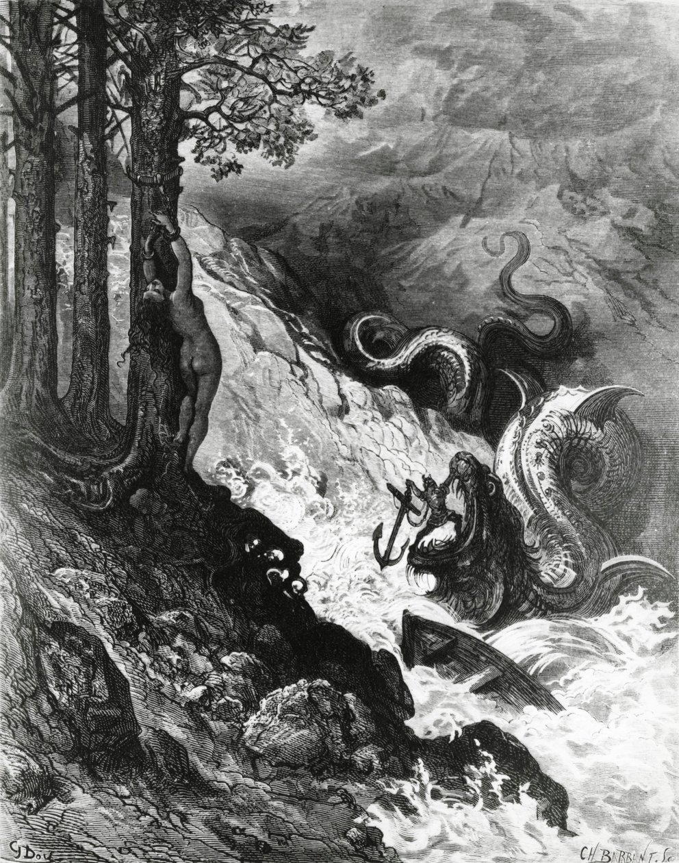 Orlando kämpft gegen den Ork, aus Der Wahnsinn des Orlando, Illustration von Gustave Dore
