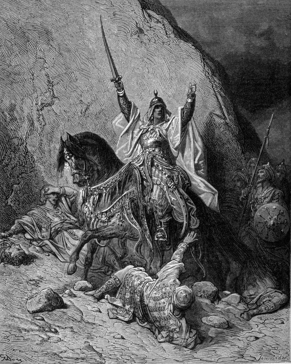Saladin (1138-1193) (Salah al Din Yusuf al-Ayyubi) an der Spitze seiner Truppen gegen die Kreuzfahrer - Gravur von Gustave Doré von Gustave Dore