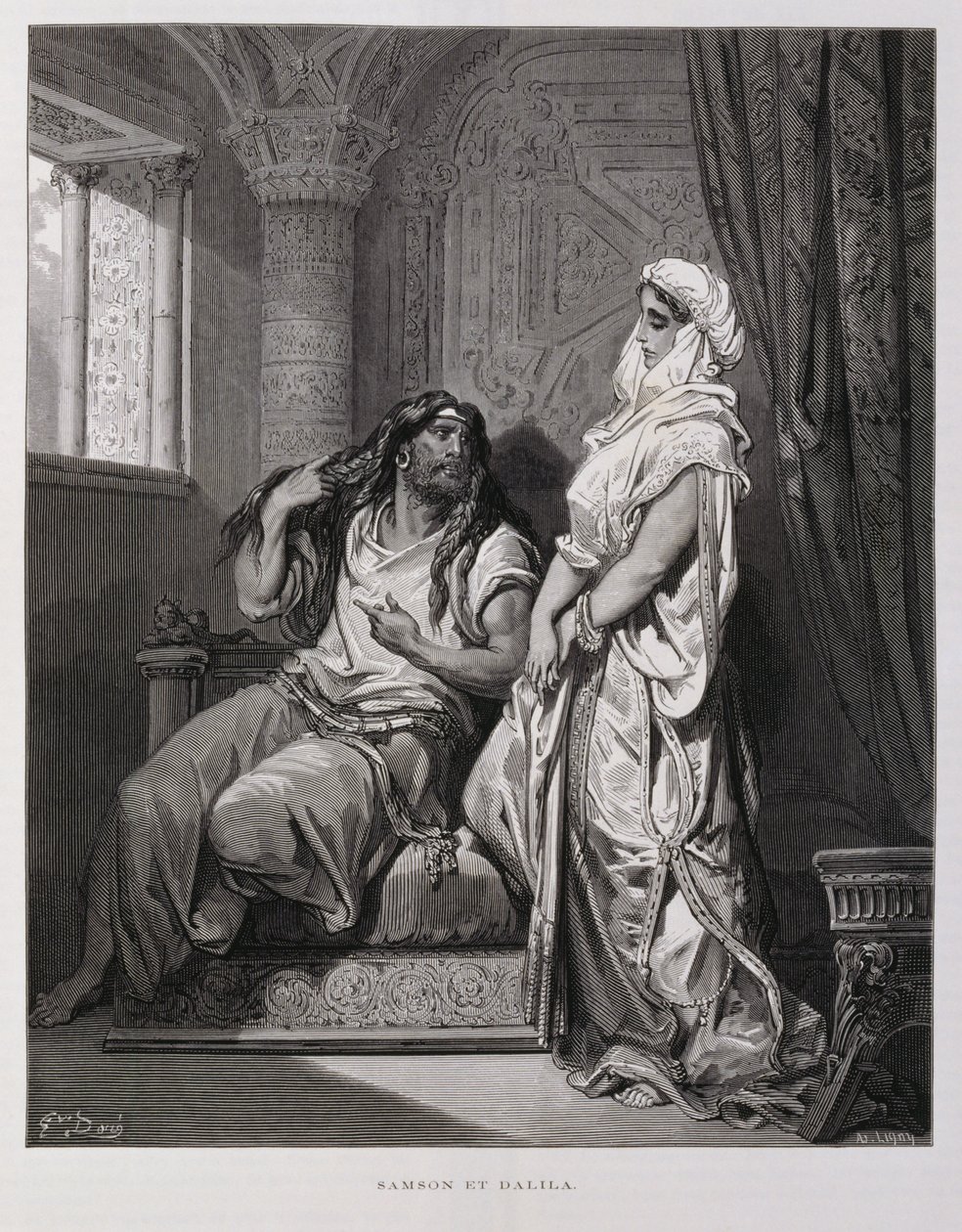 Simson und Delila, Kapitel 16 des Buches der Richter im Alten Testament, Illustration aus der Dore-Bibel von Gustave Dore