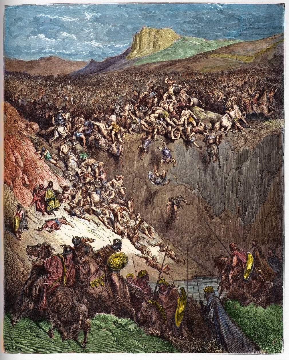 Samson tötet die Philister mit einem Eselskinnbacken - Gravur in „Die illustrierte Bibel“ von Gustave Doré - Gravur aus „Die Doré-Bibel“ von Gustave Dore