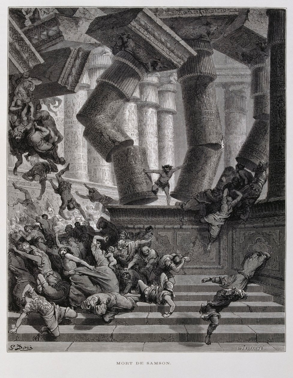 Samson zerstört den Tempel des Baal, Illustration aus der Dore-Bibel von Gustave Dore