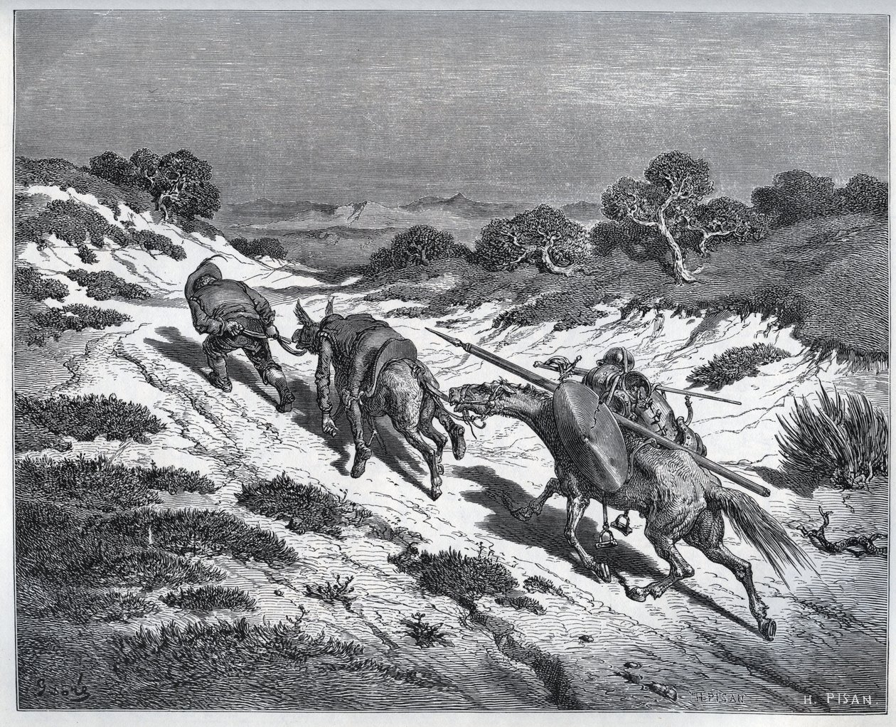 Sancho Panza, Don Quijote und ihre Reittiere nach ihrer Niederlage gegen die Yangers - aus „Don Quijote de la Mancha“ von Miguel Cervantes (1547-1616) (Don Quijote) - Holzschnitt nach einer Zeichnung von Gustave Dore. von Gustave Dore