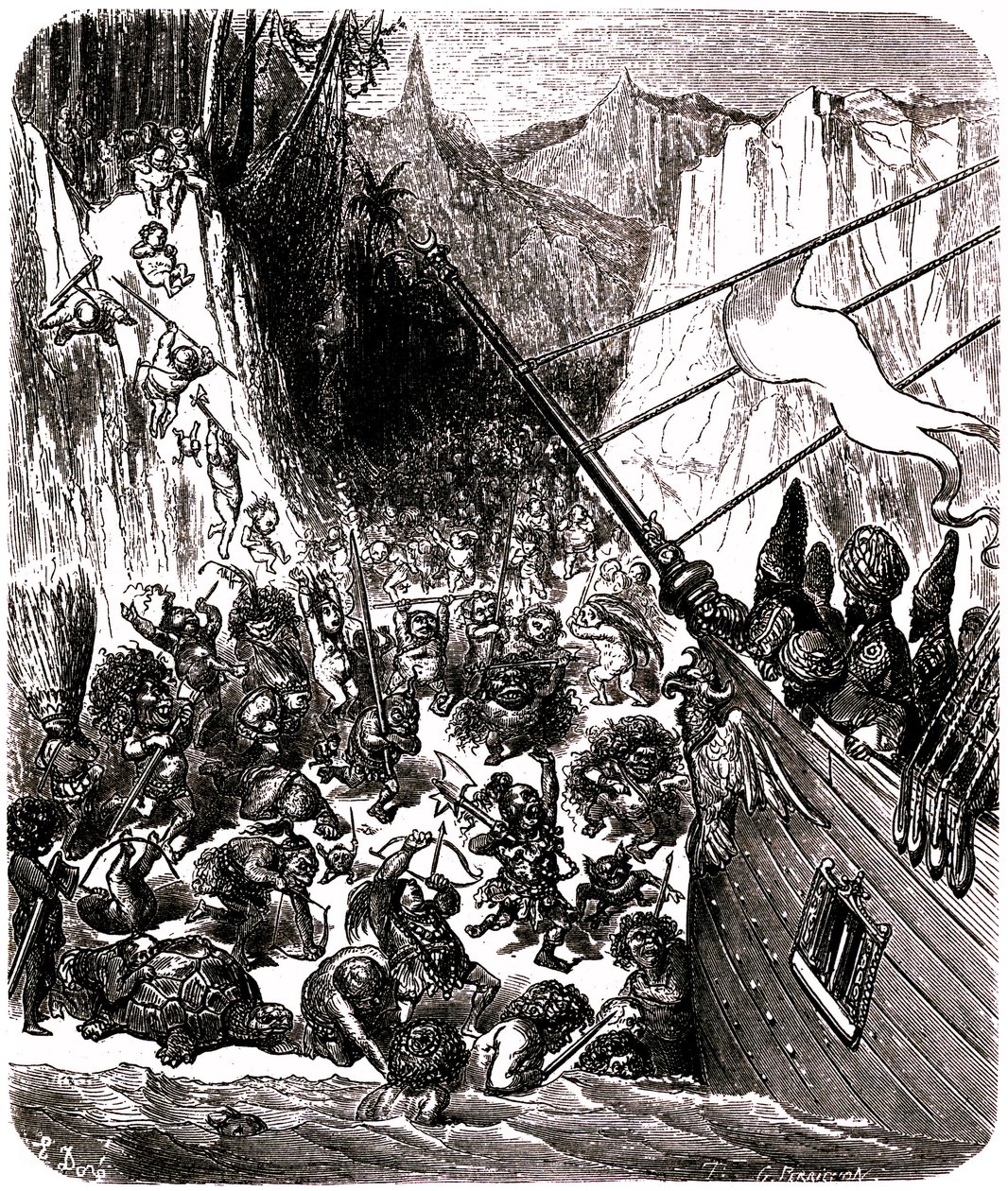 Sindbad der Seefahrer - Märchen aus Tausendundeiner Nacht - Illustration von Gustave Doré - Dritte Reise: ein Sturm wirft das Schiff von Sindbad und seinen Gefährten auf eine Insel, wo sie von einer Vielzahl winziger und abscheulicher Wesen angegriffen wer von Gustave Dore