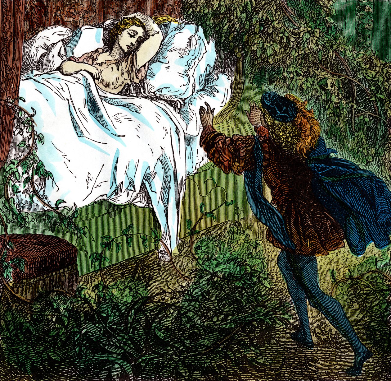 „Dornröschen“ Prinz Charming nähert sich der schönen schlafenden Prinzessin. Gravur von Gustave Doré für „Les Contes“ von Charles Perrault von Gustave Dore