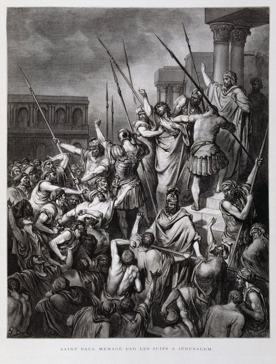St. Paulus wird von den Juden Jerusalems angegriffen, Illustration aus der Dore-Bibel von Gustave Dore