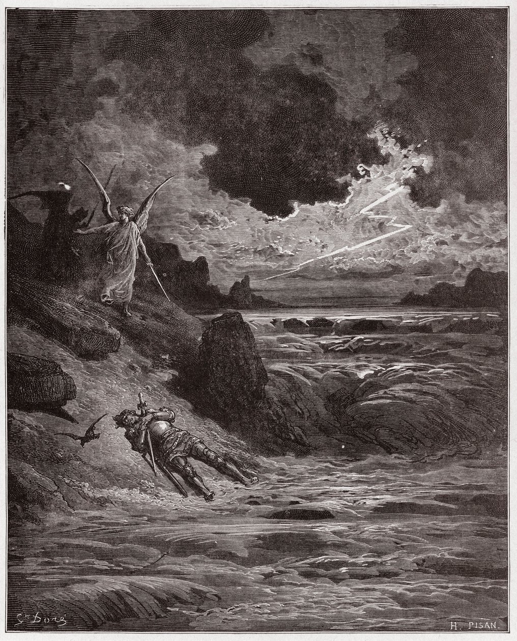 Die Göttliche Komödie, Purgatorio, Gesang 5: Der Körper von Buonconte da Montefeltro im Arno - von Dante Alighieri (1265-1321) - Illustration von Gustave Doré (1832-1883) von Gustave Dore