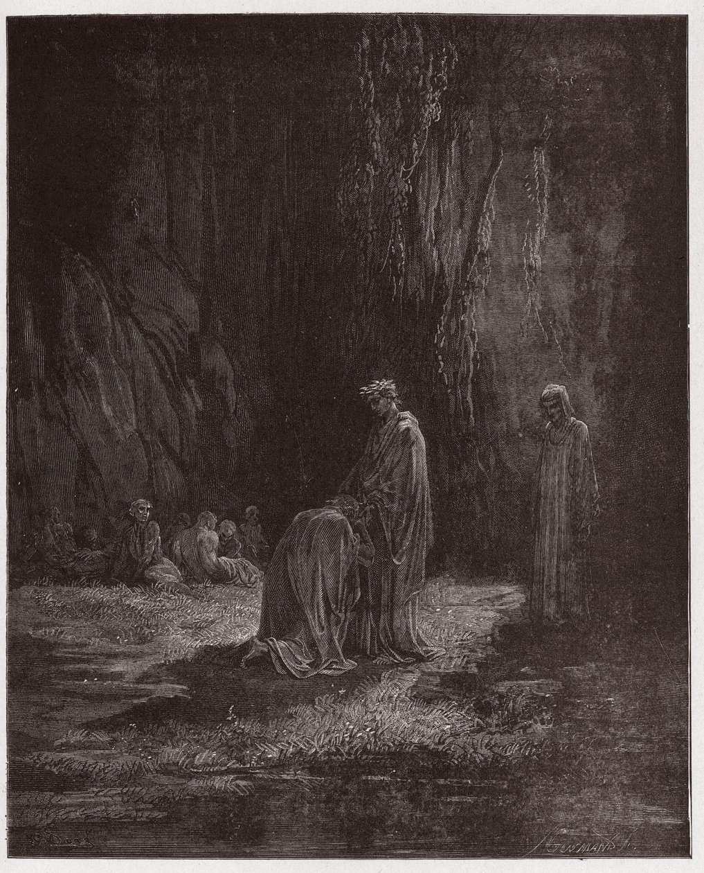 Die Göttliche Komödie, Purgatorio, Gesang 7: Der Dichter Sordello, erstaunt, kniet vor Virgil - von Dante Alighieri (1265-1321) - Illustration von Gustave Doré (1832-1883) von Gustave Dore