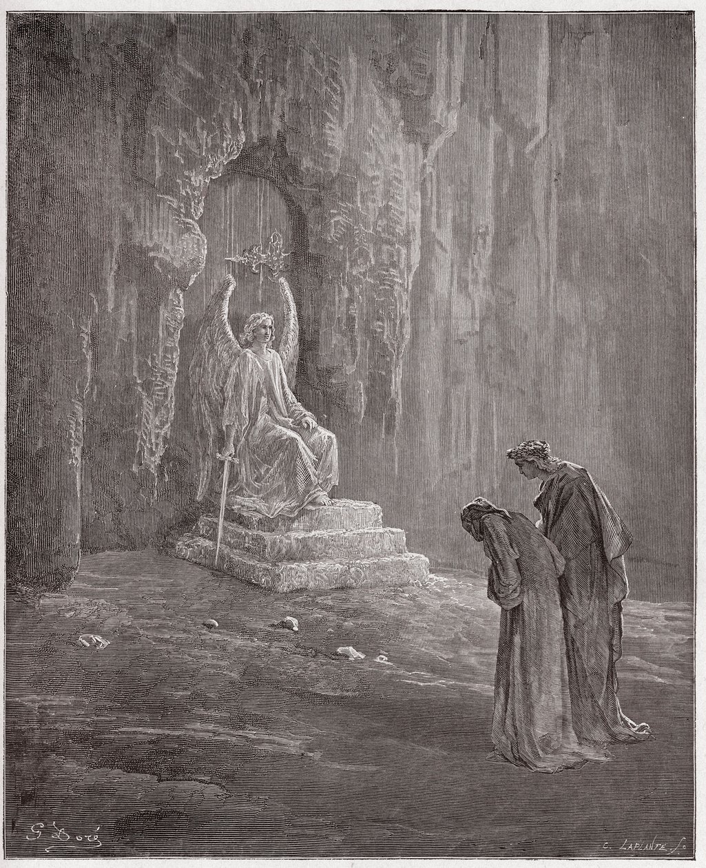 Die Göttliche Komödie, Purgatorio, Gesang 9: Dante und Virgil an den Toren des Fegefeuers - von Dante Alighieri (1265-1321) - Illustration von Gustave Doré (1832-1883) von Gustave Dore